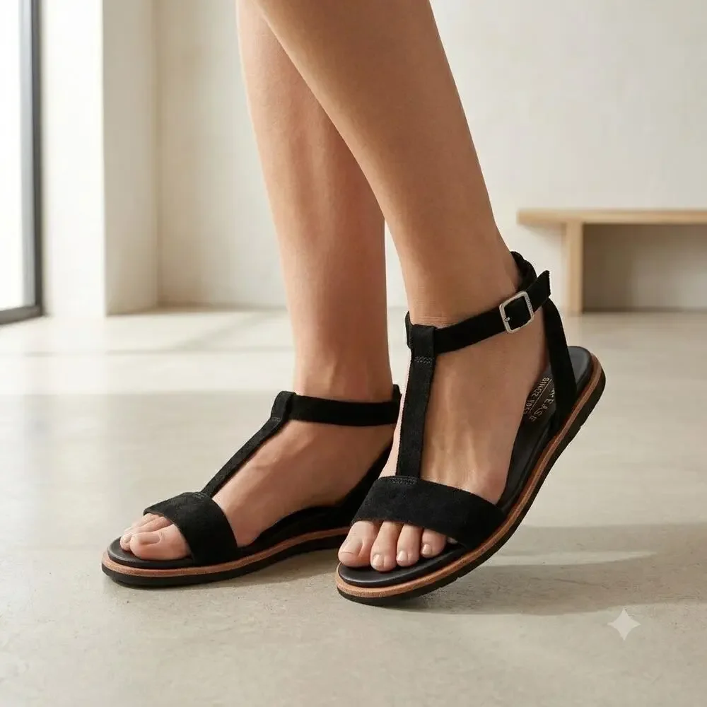 Kork-Ease Zukey t-strap Sandals Womens Size 7 Black Suede Leather Footbed Ankle